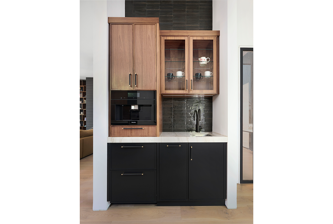 coffee station with wood cabinets, glass uppers in newly renovated kitchen in Atlanta, GA